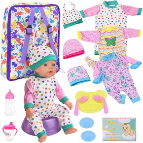 UNICORN ELEMENT 15 PCS Baby Doll Clothes with Carrier Backpack, Dolls Bag Fit 14-18 Inch Dolls, Accessories Playset Includes Jumpsuits, Bottle, Perfect for Toddlers Kids (No Doll)