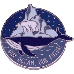 Ocean Pin Brooch, Environmental Enamel Pin, Protect the Seas, Our Ocean Our Future, Climate Change, Polar Bear and Whale, Iceberg and Ocean, 1.25 Inches, Double Post, Metal, no gemstone