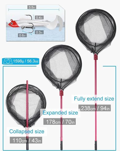 Large Fishing Net Rubber Fishing Net Large Heavy Duty Extra Large Landing Net for Saltwater Aluminum Fishing Net Telescoping Handle with 6pcs Soft Jig Swimbait, Extends to 72-94in in Saudi Arabia