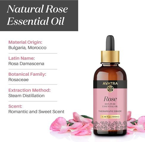 Avatra Rose Essential Oil for Diffuser, Perfume, Skin, Hair, Aromatherapy | Pure & Natural Essential Oil for Massage, Bath, Soap, Candles | Premium Grade with Glass Dropper- 3.38 Fl Oz in Saudi Arabia