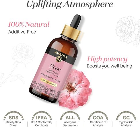 Avatra Rose Essential Oil for Diffuser, Perfume, Skin, Hair, Aromatherapy | Pure & Natural Essential Oil for Massage, Bath, Soap, Candles | Premium Grade with Glass Dropper- 3.38 Fl Oz in Saudi Arabia