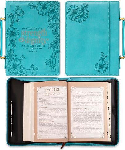 Christian Art Gifts Women's Fashion Bible Cover Strength and Dignity Proverbs 31:25, Teal Faux Leather, Large in Saudi Arabia