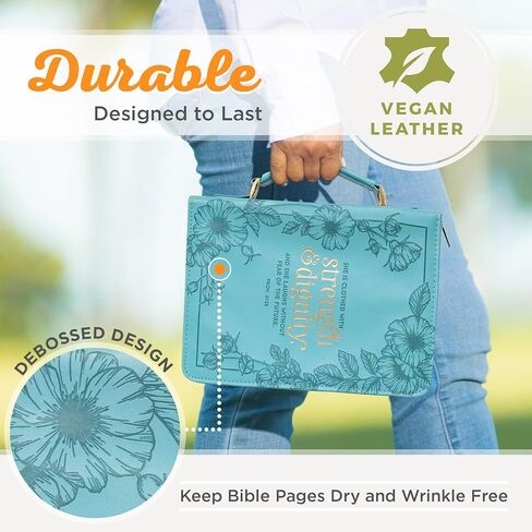 Christian Art Gifts Women's Fashion Bible Cover Strength and Dignity Proverbs 31:25, Teal Faux Leather, Large in Saudi Arabia