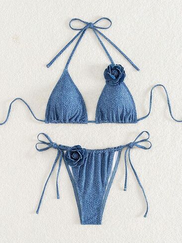 MakeMeChic Women's 2 Piece Bikini Sets 3D Flower Tie Back Halter Neck Solid Swimsuit Summer Beach Sets in Saudi Arabia