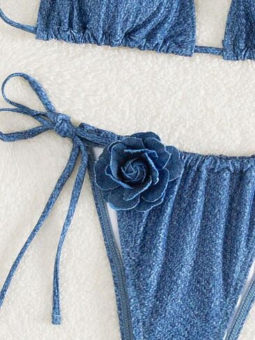 MakeMeChic Women's 2 Piece Bikini Sets 3D Flower Tie Back Halter Neck Solid Swimsuit Summer Beach Sets in Saudi Arabia