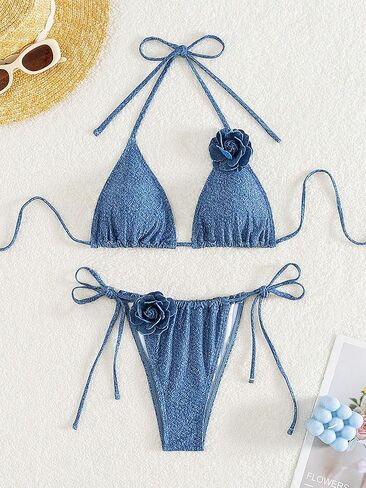 MakeMeChic Women's 2 Piece Bikini Sets 3D Flower Tie Back Halter Neck Solid Swimsuit Summer Beach Sets in Saudi Arabia