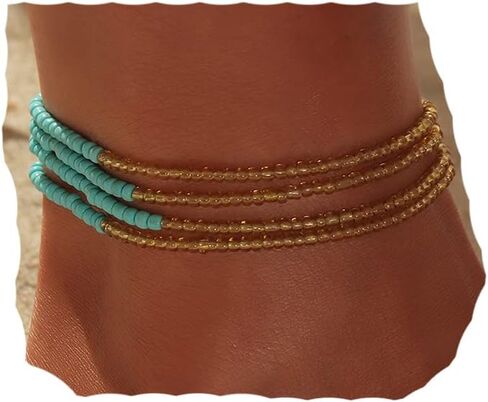 Bohemia Beaded African Multicolor Rainbow Anklets Bracelets Glass Bead Anklet Bracelet Elastic Foot and Hand Chain Summer Foot Jewelry for Women and Girls in Kuwait