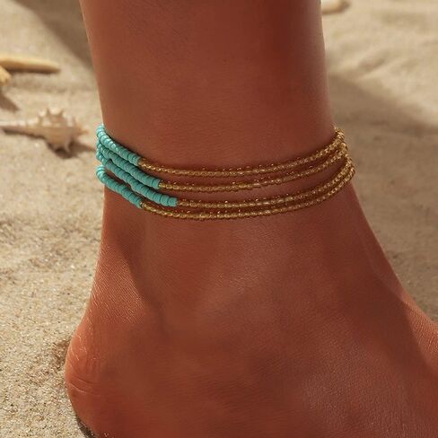 Bohemia Beaded African Multicolor Rainbow Anklets Bracelets Glass Bead Anklet Bracelet Elastic Foot and Hand Chain Summer Foot Jewelry for Women and Girls in Kuwait