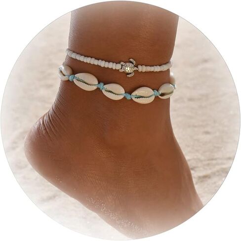 2 Pcs Shell Anklets for Women White Beaded Ankle Bracelets Adjustable Ankle Bracelets Summer Beach Jewelry for Teen Girls in Saudi Arabia