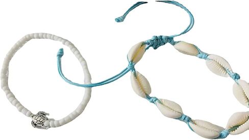 2 Pcs Shell Anklets for Women White Beaded Ankle Bracelets Adjustable Ankle Bracelets Summer Beach Jewelry for Teen Girls in Saudi Arabia