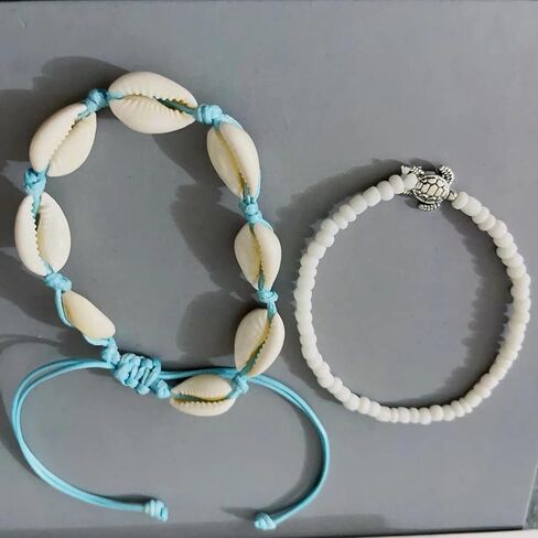 2 Pcs Shell Anklets for Women White Beaded Ankle Bracelets Adjustable Ankle Bracelets Summer Beach Jewelry for Teen Girls in Saudi Arabia
