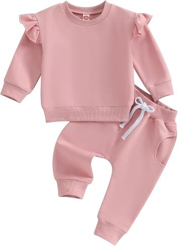 Fall Baby Girl Clothes Ruffle Sleeve Sweatshirt Top Solid Casual Pants 2Pcs Toddler Girl Sweatsuit Winter Clothing in Saudi Arabia