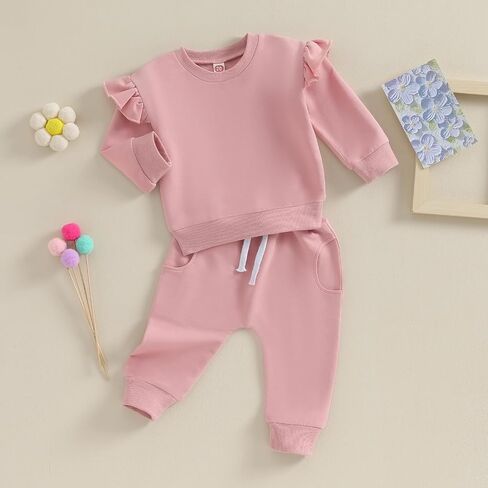 Fall Baby Girl Clothes Ruffle Sleeve Sweatshirt Top Solid Casual Pants 2Pcs Toddler Girl Sweatsuit Winter Clothing in Saudi Arabia