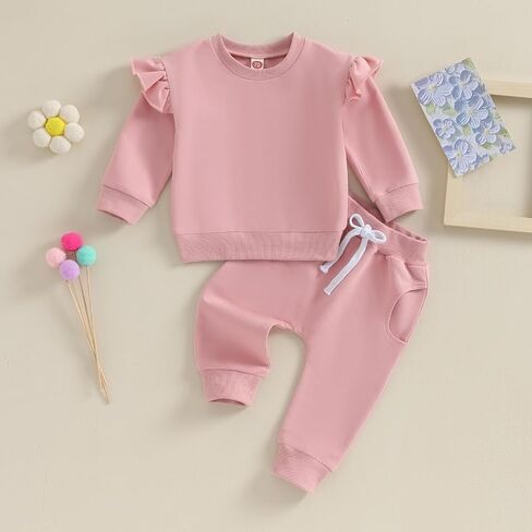 Fall Baby Girl Clothes Ruffle Sleeve Sweatshirt Top Solid Casual Pants 2Pcs Toddler Girl Sweatsuit Winter Clothing in Saudi Arabia