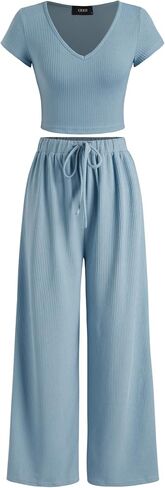 CIDER V-neck Short Sleeve Crop Tee & Knotted Wide Leg Pants Set in Saudi Arabia