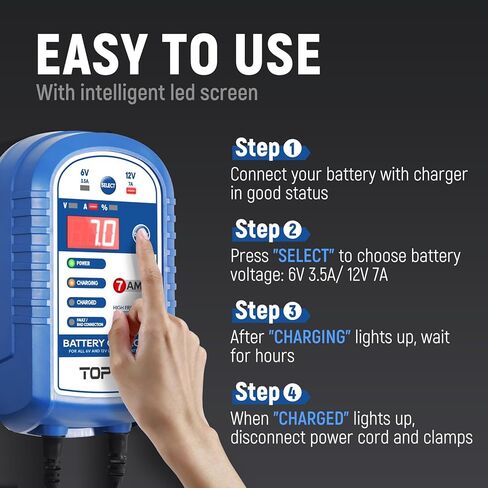 12V/7 Amp，6V/3.5Amp Car Battery Charger,Smart Fully Automatic Battery Charger Maintainer Trickle Charger and Float Charger for Car Truck Motorcycle Lawn Mower Boat, Lead Acid Batteries in Kuwait