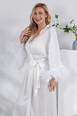 Women's Satin Kimono Robe with Feather Soft Lightweight for Wedding Bridal Party Nightgowns Maternity Gowns Photography in Saudi Arabia