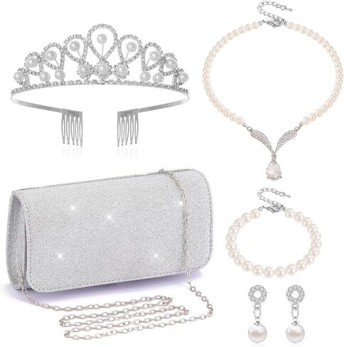 5Pcs Silver Clutch Purses Jewelry Set for Women Pearl Necklace Earrings Bracelets Crown Set Sparkly Prom Evening Bag Formal Wedding Handbags with Chain in Saudi Arabia