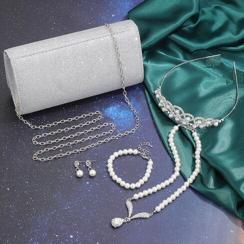 5Pcs Silver Clutch Purses Jewelry Set for Women Pearl Necklace Earrings Bracelets Crown Set Sparkly Prom Evening Bag Formal Wedding Handbags with Chain in Saudi Arabia
