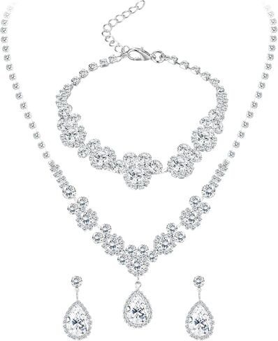 FINREZIO Silver Bridal Jewelry Set for Women Rhinestone Necklace Bracelet Earring Set Crystal Bracelet Wedding Prom Jewelry for Brides in Saudi Arabia