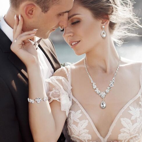 FINREZIO Silver Bridal Jewelry Set for Women Rhinestone Necklace Bracelet Earring Set Crystal Bracelet Wedding Prom Jewelry for Brides in Saudi Arabia