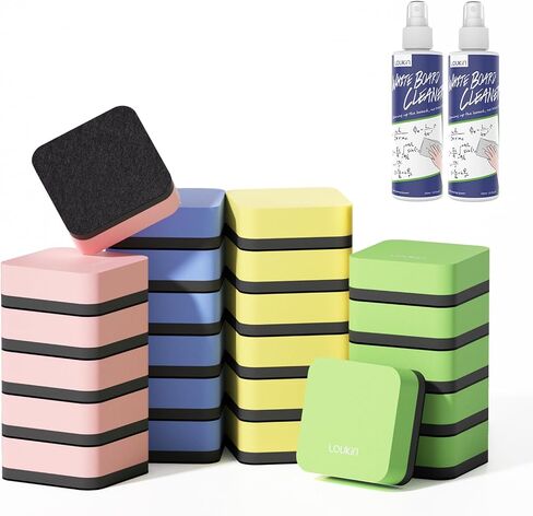 loukin Mini Magnetic Dry Erase Eraser 12 Pack (1 Bottle of 3.4 fl oz Whiteboard Cleaner Included), Small White Board Eraser, Chalkboard Glass Board Erasers, for Classrooms, Home, Office (4 Colors) in Kuwait