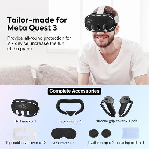 ملحقات MoKo VR لـ Meta Quest 3، تتضمن غطاء TPU Shell، غطاء وجه سيليكون VR، غطاء غطاء مقبض وحدة التحكم باللمس، غطاء العدسة، غطاء عصا التحكم، غطاء العين القابل للتصرف لـ Oculus Quest 3 in Saudi Arabia