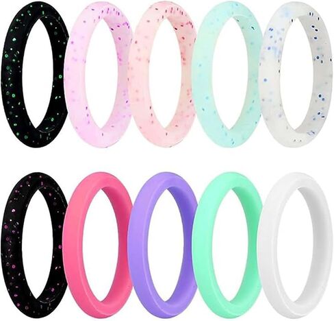 Silicone Wedding Rings for Women, 10pcs Thin Stackable Rubber Ring Set 3mm Width Simple Stepped Silicone Ring Bands for Couples Size 5-10 in Saudi Arabia