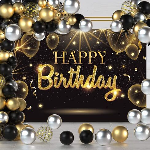 Black Gold Happy Birthday Party Decorations Backdrop, Golden Balloons Glitter Star Birthday Party Photo Background Banner Extra Large Wall Decor Props Party Supplies 6 * 4.2ft in Kuwait