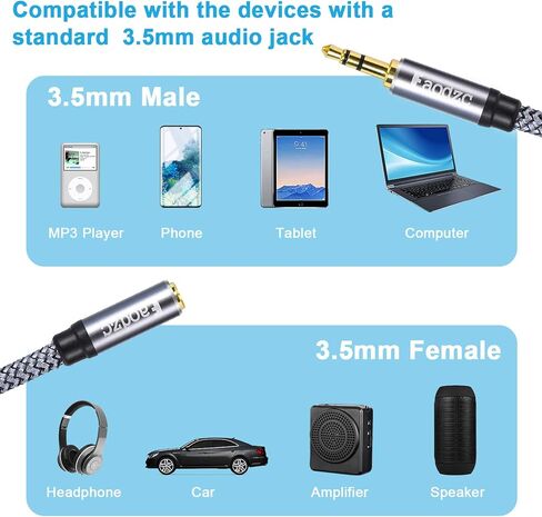 كابل تمديد سماعة الرأس بطول 150 قدم 3.5 مم، مضفر 3.5 مم ذكر إلى أنثى سلك تمديد AUX صوت ستيريو مزدوج الحماية 1/8 كابل متوافق مع سماعات الرأس، Echo Dog، iPhone، الهواتف الذكية 50 متر in Kuwait