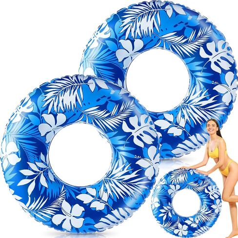 Jumbo Float Tube 47.24 Inches Inflatable Pool Floats Large Pool Tube Tropical Leaves Inflatable Tube Blue White Pool Rings Beach Swimming Ring for Adults Kids Summer Supplies in Kuwait