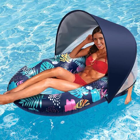 Hatisan Inflatable Pool Floats with Canopy and Cup Holder for Adult Teen Tanning Pool Lounger Floats Sun Tan Tub Raft Lounge Floatie for Swimming Pool Lake Beach Large Pool Float in Saudi Arabia