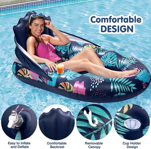 Hatisan Inflatable Pool Floats with Canopy and Cup Holder for Adult Teen Tanning Pool Lounger Floats Sun Tan Tub Raft Lounge Floatie for Swimming Pool Lake Beach Large Pool Float in Saudi Arabia