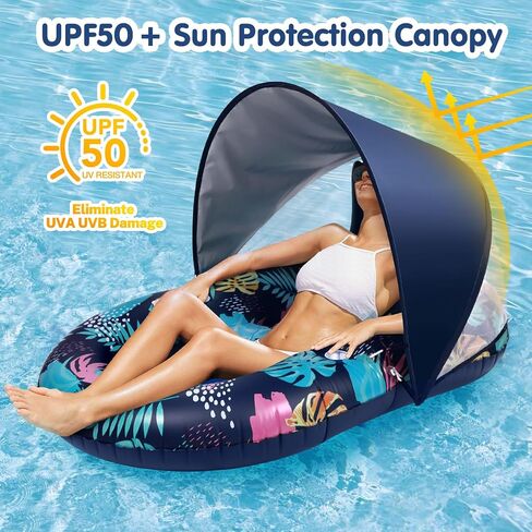 Hatisan Inflatable Pool Floats with Canopy and Cup Holder for Adult Teen Tanning Pool Lounger Floats Sun Tan Tub Raft Lounge Floatie for Swimming Pool Lake Beach Large Pool Float in Saudi Arabia