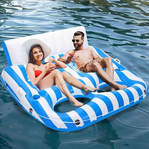 2 Person Inflatable Pool Lounger Float for Adults, Ultra Large Pool Floats Chair Lounge with 2 Backrests and Cup Phone Holder, Water Tanning Raft Party Toys for Outdoor, Beach, Lake, River, Sea in Saudi Arabia