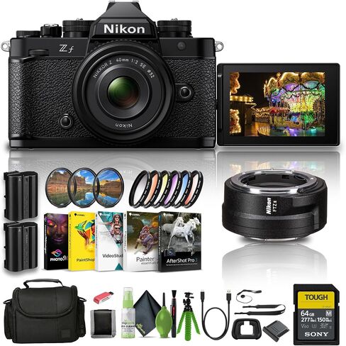 كاميرا Nikon Zf بدقة 24.5 ميجابكسل وتسجيل فيديو 4K بدون مرآة مع عدسة Nikon NIKKOR Z مقاس 40 مم f/2 (SE) (1763) + محول FTZ II + بطاقة ذاكرة سعة 64 جيجابايت + مجموعة مرشح + حقيبة + بطارية EN-EL15c + المزيد in Saudi Arabia