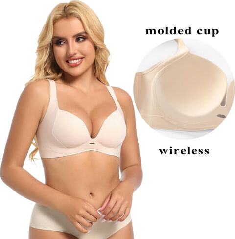 PRETTYWELL Push up Bra T-Shirt Bras for Women Wireless Plunge Bra Supportive Molded Pads Bras Comfort Lift up Deep V Neck in Saudi Arabia