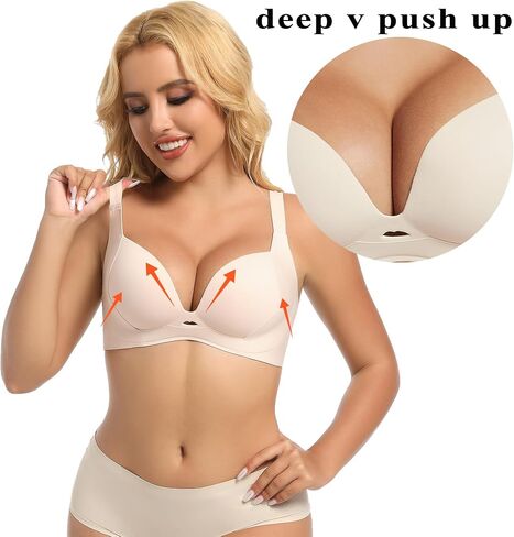 PRETTYWELL Push up Bra T-Shirt Bras for Women Wireless Plunge Bra Supportive Molded Pads Bras Comfort Lift up Deep V Neck in Saudi Arabia