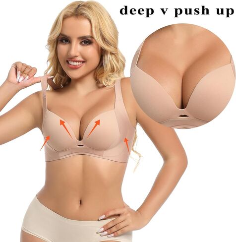 PRETTYWELL Push up Bra T-Shirt Bras for Women Wireless Plunge Bra Supportive Molded Pads Bras Comfort Lift up Deep V Neck in Saudi Arabia