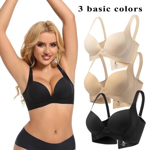 PRETTYWELL حمالة صدر تي شيرت حمالات صدر للنساء حمالة صدر يغرق لاسلكية داعمة مصبوبة حمالات صدر مريحة ترفع رقبة V عميقة in Kuwait