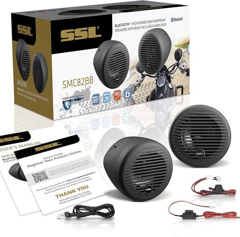 نظام صوت مكبر صوت للدراجات النارية من Sound Storm Laboratories SMC82BB - بلوتوث، مقاوم للطقس، مكبرات صوت 3 بوصة، مدخل Aux، جهاز تحكم عن بعد سلكي، كروم أسود in Kuwait