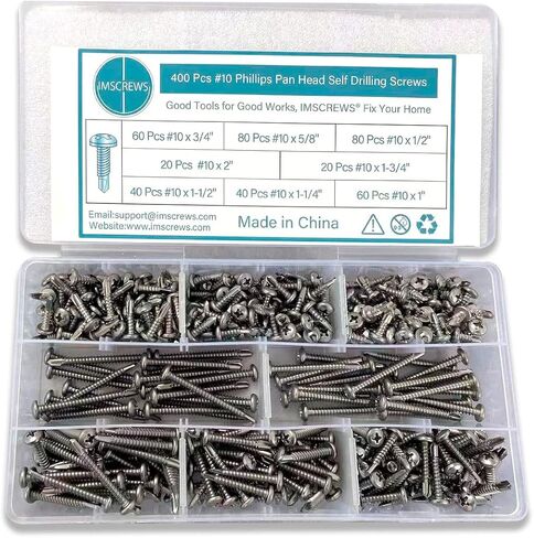 براغي صفائح معدنية ذاتية التنصت، مجموعة 10 براغي من الخشب إلى المعدن، مجموعة براغي حفر ذاتية برأس مقلاة فيليبس، 1/2 بوصة، 5/8 بوصة، 3/4 بوصة، 1 بوصة، 1-1/4 بوصة، 1-1/ 2 بوصة، 1-3/4 بوصة، 2 بوصة - 410 ستانلس ستيل، 400 قطعة من IMSCREWS in Kuwait