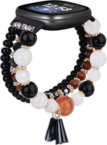 MOFREE Bracelet Compatible with Fitbit Versa 3/Versa 4 Bands/Fitbit Sense/Sense 2 Bands for Women, Handmade Fashion Elastic Beadeds Strap Replacement for Fitbit Versa 4/Versa 3/Sense 2/Sense Black in Saudi Arabia