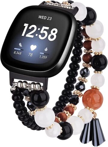 MOFREE Bracelet Compatible with Fitbit Versa 3/Versa 4 Bands/Fitbit Sense/Sense 2 Bands for Women, Handmade Fashion Elastic Beadeds Strap Replacement for Fitbit Versa 4/Versa 3/Sense 2/Sense Black in Saudi Arabia