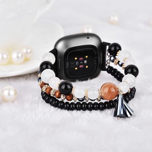 MOFREE Bracelet Compatible with Fitbit Versa 3/Versa 4 Bands/Fitbit Sense/Sense 2 Bands for Women, Handmade Fashion Elastic Beadeds Strap Replacement for Fitbit Versa 4/Versa 3/Sense 2/Sense Black in Saudi Arabia
