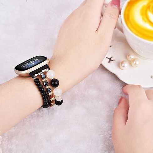 MOFREE Bracelet Compatible with Fitbit Versa 3/Versa 4 Bands/Fitbit Sense/Sense 2 Bands for Women, Handmade Fashion Elastic Beadeds Strap Replacement for Fitbit Versa 4/Versa 3/Sense 2/Sense Black in Saudi Arabia