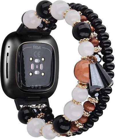 MOFREE Bracelet Compatible with Fitbit Versa 3/Versa 4 Bands/Fitbit Sense/Sense 2 Bands for Women, Handmade Fashion Elastic Beadeds Strap Replacement for Fitbit Versa 4/Versa 3/Sense 2/Sense Black in Saudi Arabia