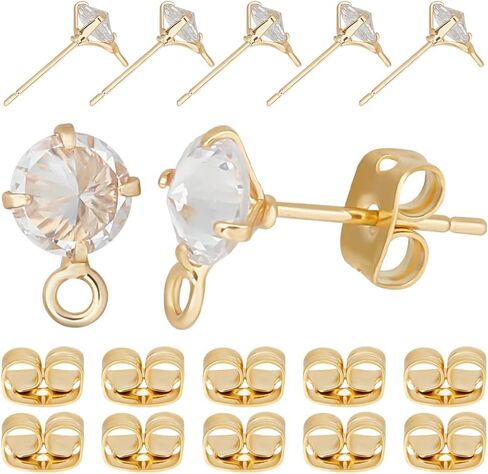 Beebeecraft 1 Box 10Pcs Stud Earring Findings 18K Gold Plated Cubic Zirconia Post Earrings Findings with Hole for Jewellery Earring Making Findings in Saudi Arabia