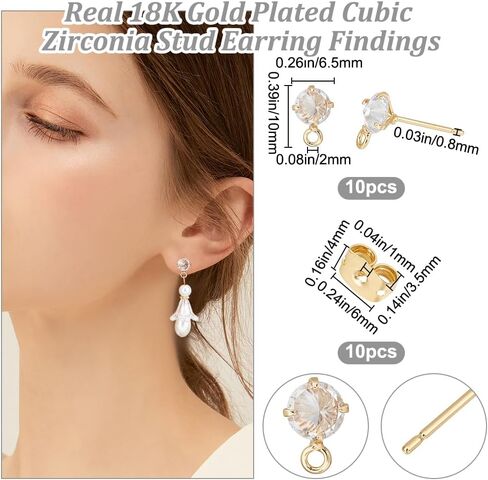 Beebeecraft 1 Box 10Pcs Stud Earring Findings 18K Gold Plated Cubic Zirconia Post Earrings Findings with Hole for Jewellery Earring Making Findings in Saudi Arabia
