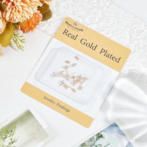 Beebeecraft 1 Box 10Pcs Stud Earring Findings 18K Gold Plated Cubic Zirconia Post Earrings Findings with Hole for Jewellery Earring Making Findings in Saudi Arabia